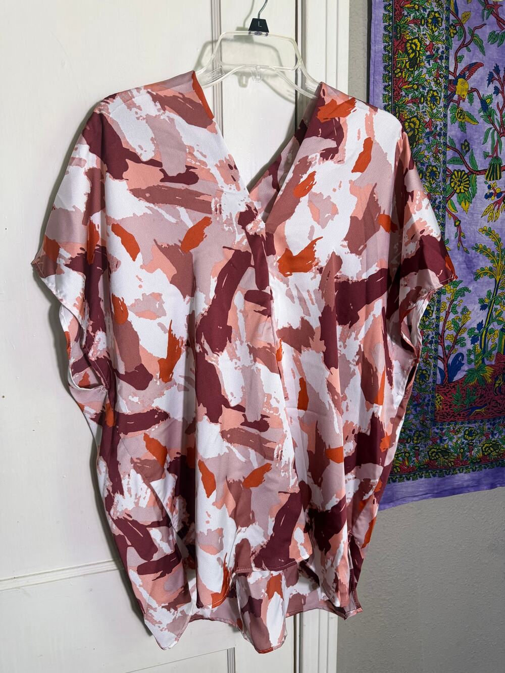 Adrienne Womens M Abstract Print Kaftan Tunic Top Pink Burgundy Orange Oversized
